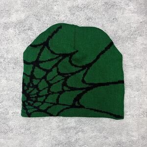 y2k 2000s army green grunge gothic spiderweb beanie
